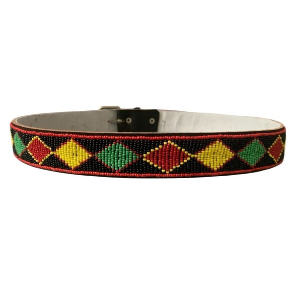 Beaded Leather Waist Belt Handmade Size 38 Red Yellow Green Boho Hippie Festival - Picture 1 of 10